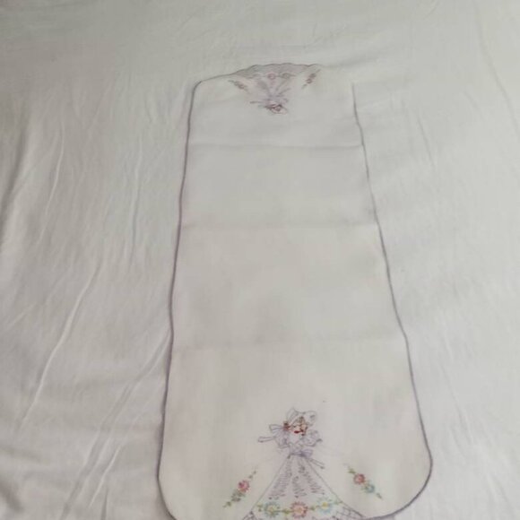 Long Embroider Purple & White Table Runner Cotton Linen Table Antique Vintage - Picture 2 of 10